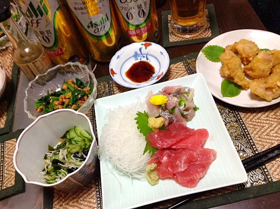 ほうれん草の納豆和え＆酢の物＆唐揚げ＆マグロの中落ちと鯵のタタキ|まぐろさん