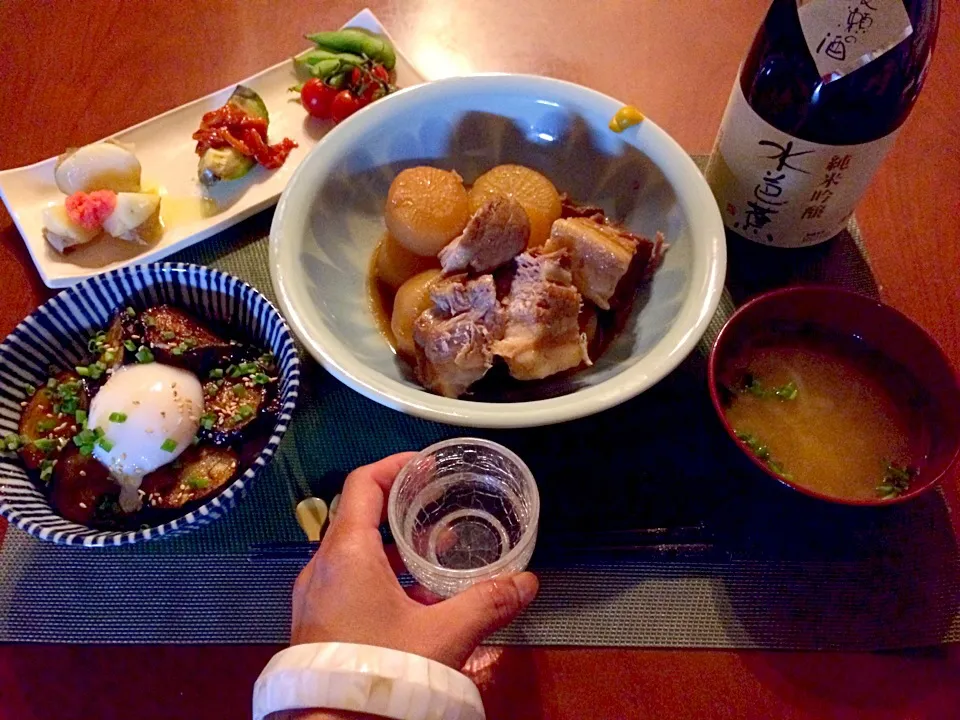 Today's Dinner🍴前菜･角煮･茄子の照り玉丼･玉ねぎのお味噌汁|🌈Ami🍻さん