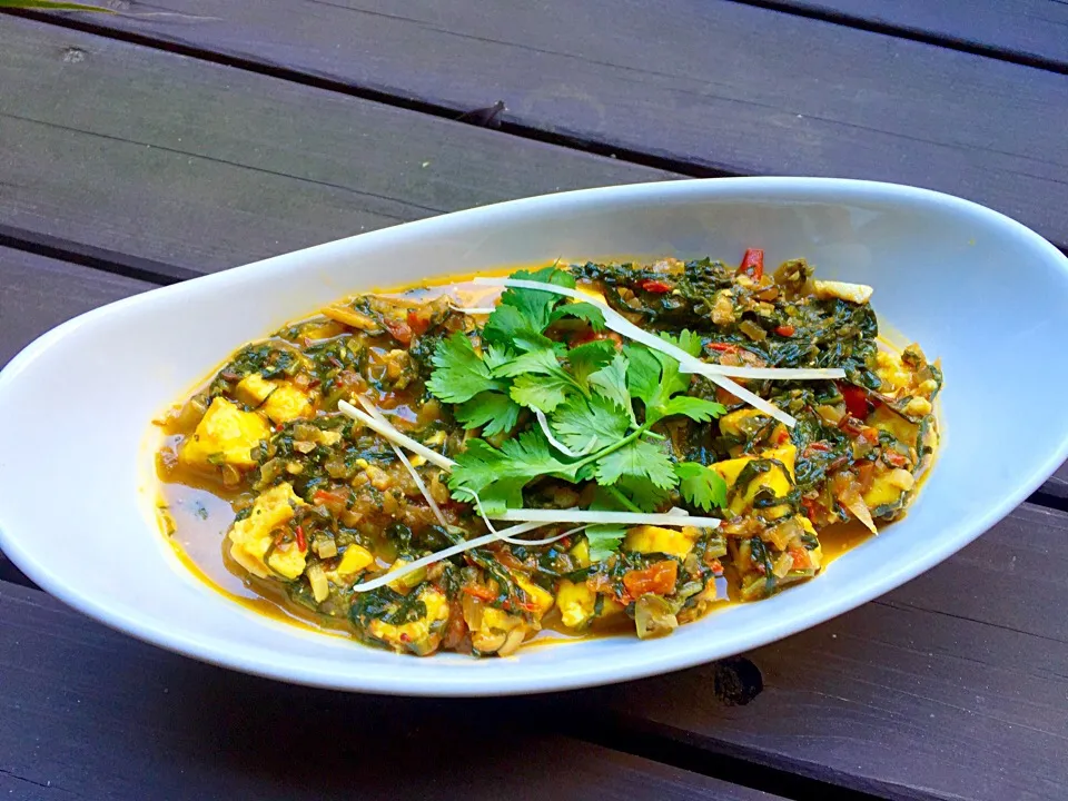 Cottage cheese (paneer) and spinach cooked with homemade mustard-green mango spicy sauce.|gayatri singhさん