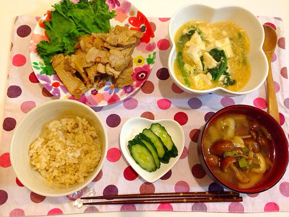 牛肉と長ねぎのマリネソテー、豆腐とほうれん草のかき卵煮、きゅうりのぬか漬け、なめことお揚げのお味噌汁、発芽玄米|にゅきさん