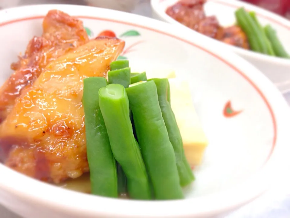 鶏肉の梅煮、凍り豆腐の煮付け、いんげんの青煮|めぐさん