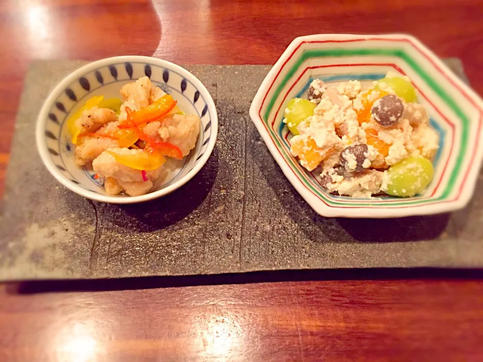 Snapdishの料理写真:前菜 秋の白和え 鶏の南蛮漬け|naoko shimoshimbaraさん