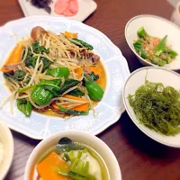 Snapdishの料理写真:肉野菜炒め 海ぶどう 餃子スープ|MISATO♡さん