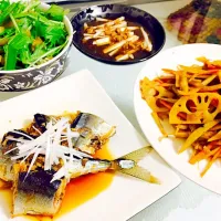 Snapdishの料理写真:秋刀魚の生姜煮
牛蒡とレンコンのきんぴら
水菜の梅肉ポン酢|椿さん