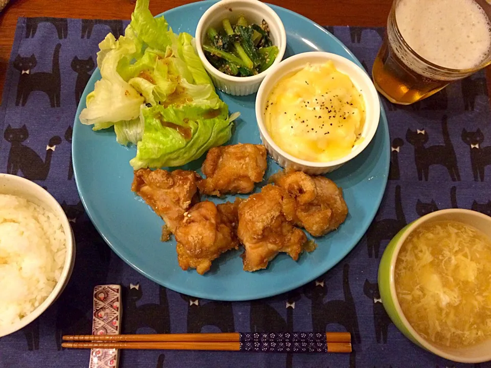 揚げないジューシーから揚げ  お豆腐グラタン  小松菜の胡麻和え  卵スープ|haseseさん