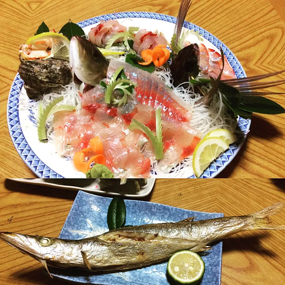 民宿料理😋🐟サザエ、カンパチ、トビウオのお刺身&カマスの塩焼き！|アライさんさん