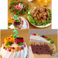 Snapdishの料理写真:誕生日のごはんと、アイスケーキの断面です。|ねっちさん