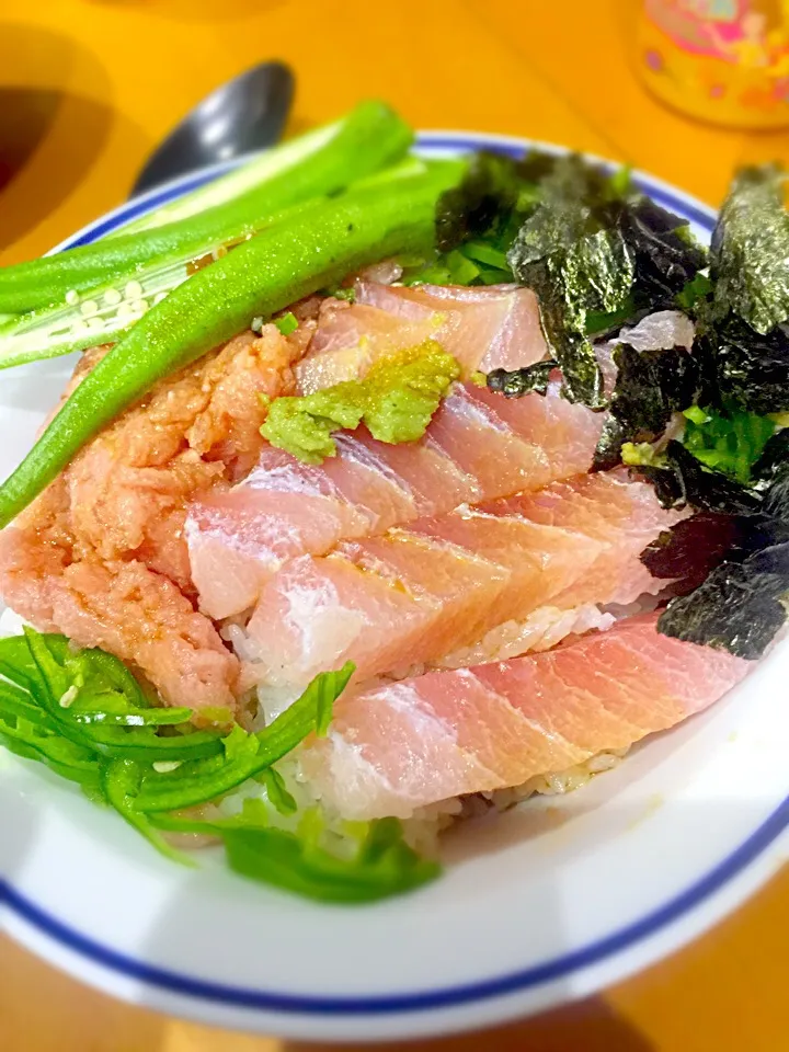 鮪丼  メバチマグロ大トロ  すき身  オクラ  甘唐辛子  海苔|ch＊K*∀o(^^*)♪さん