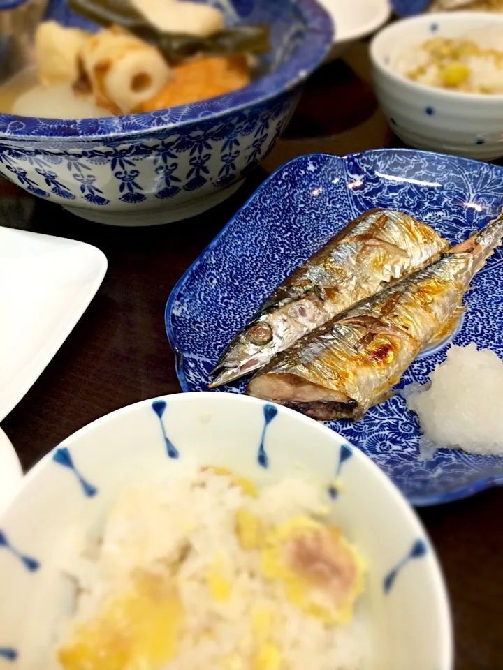 秋の食卓♪秋刀魚、栗ご飯、おでん。|いにゅさん