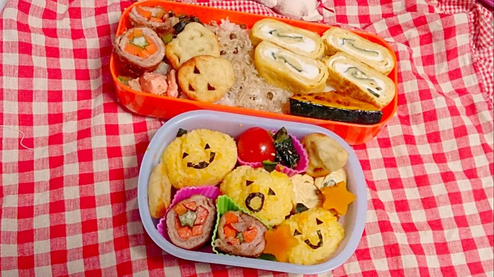 幼稚園お弁当と夫のお弁当。豚肉巻き巻き焼き、白菜と鮭の酒蒸し、カボチャお握りなど。|やよさん