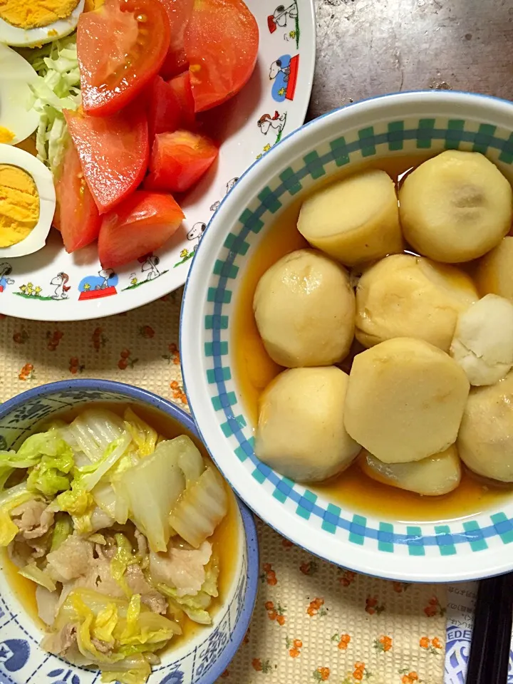 里芋煮 豚肉と白菜の煮浸し トマト キャベツ 茹で卵|掛谷節子さん