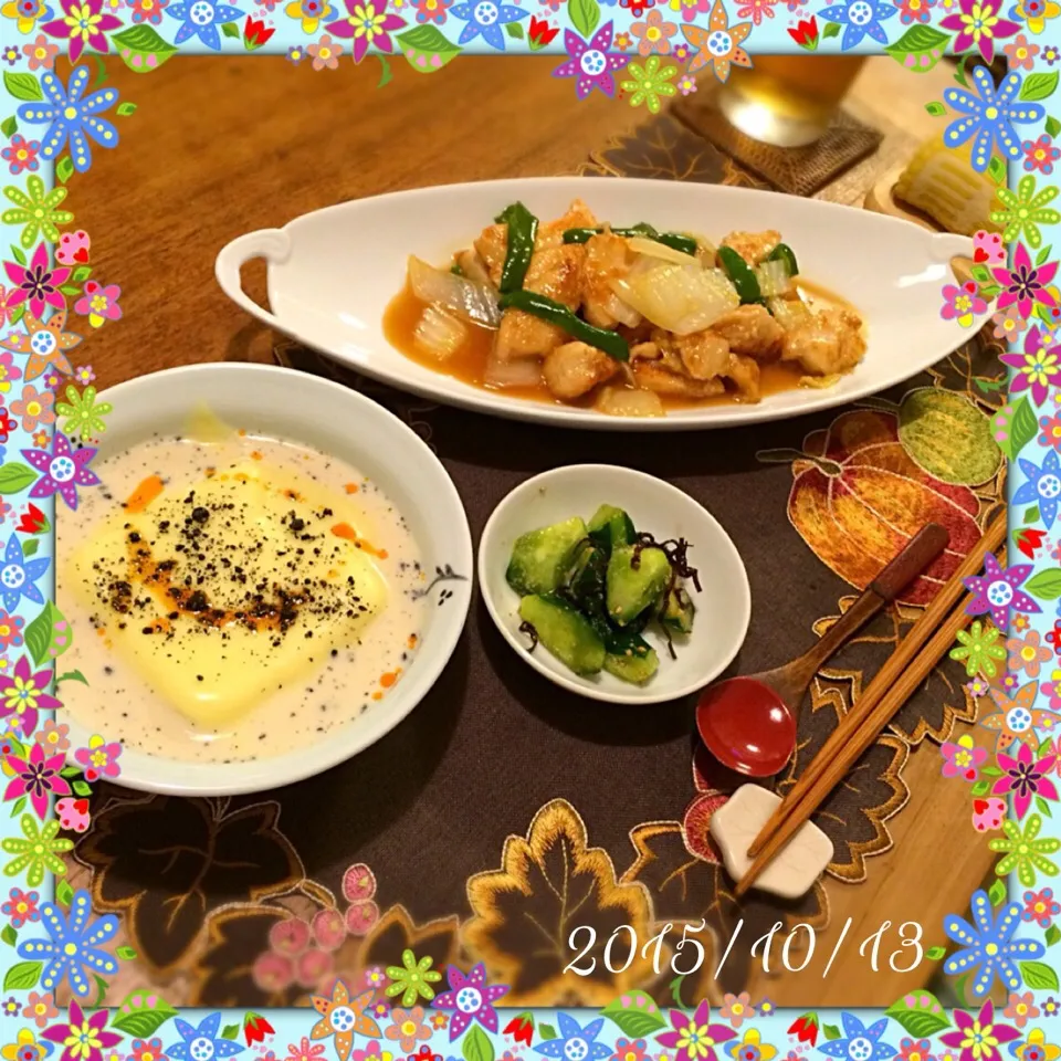 Snapdishの料理写真:むね肉と白菜、ピーマンの中華煮
温奴／豆乳・チーズ
きゅうりの塩昆布ナムル|𓇼 Ⓢ Ⓗ Ⓘ Ⓝ Ⓞ Ⓑ Ⓤ 𓇼さん