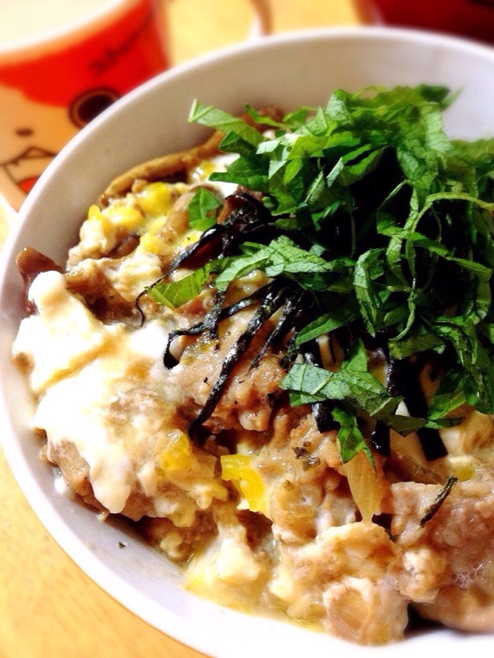豚肉と卵の開花丼。お砂糖、味醂なし。