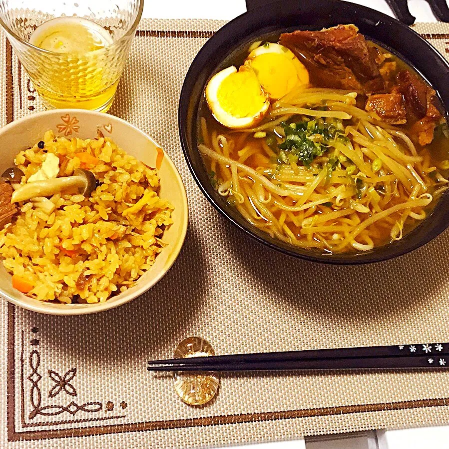 豚の角煮炊き込みごはん。豚の角煮出汁で醤油ラーメン。|OGIPAINさん