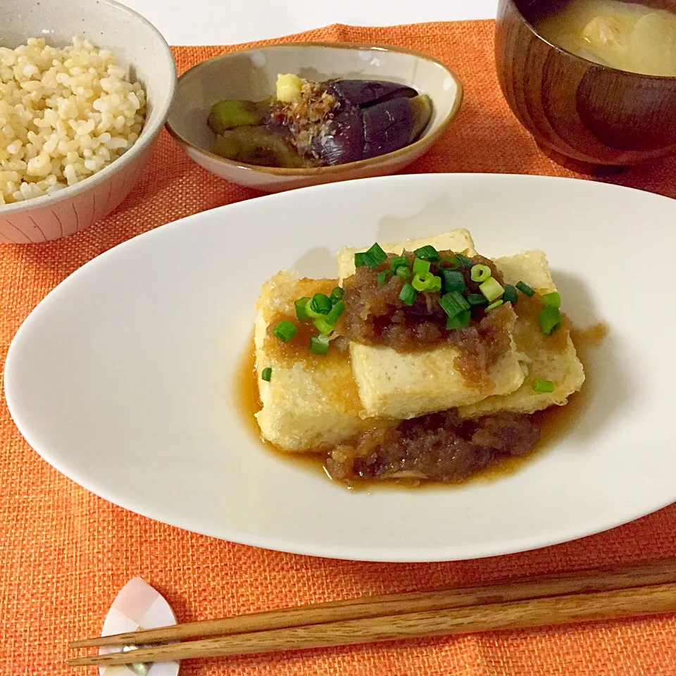 揚げ出し豆腐・焼き茄子・お味噌汁(大根×揚げ)・発芽玄米|Accaさん