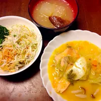 パリパリ麺のサラダ 冬瓜汁 秋鮭とお野菜のかぼちゃクリーム煮|ひーたんさん