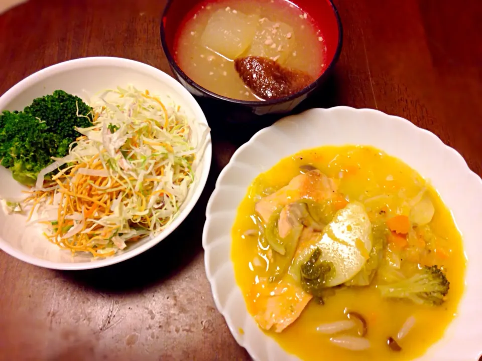 パリパリ麺のサラダ 冬瓜汁 秋鮭とお野菜のかぼちゃクリーム煮|ひーたんさん