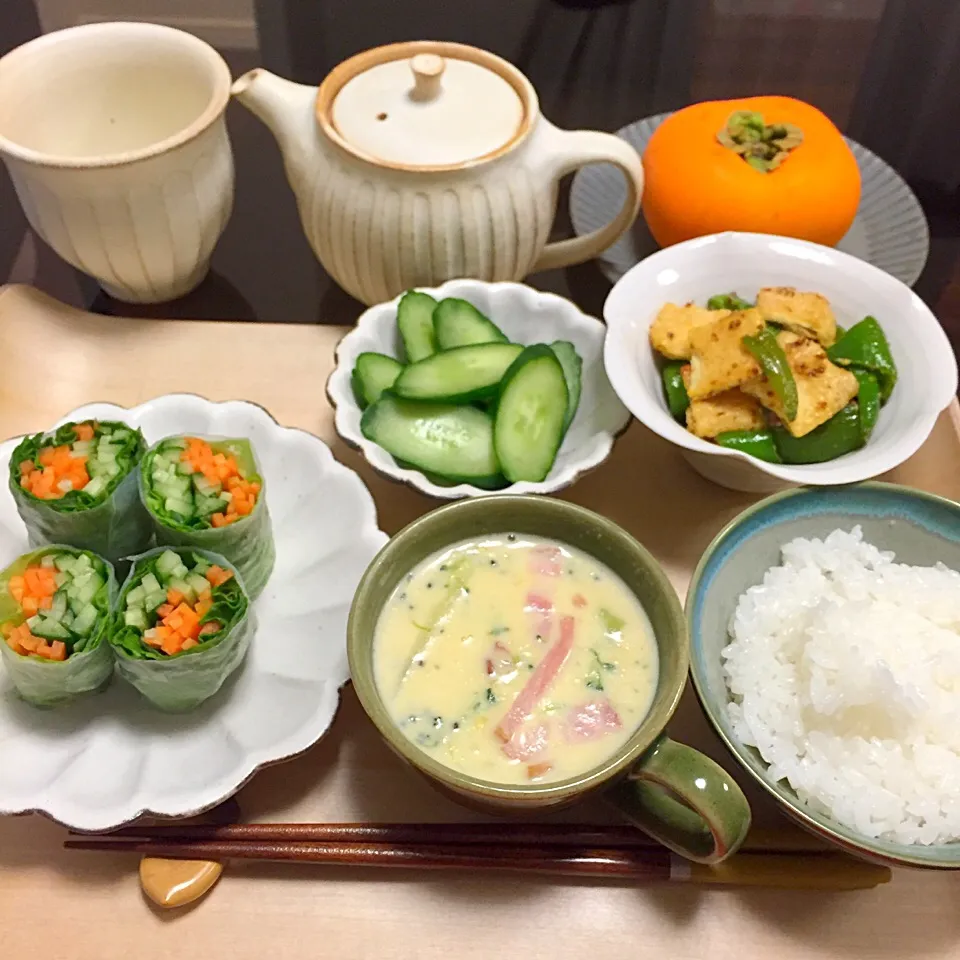 Snapdishの料理写真:野菜生春巻き、万願寺唐辛子のハニーマスタード和え、ブロッコリー入りコーンクリームスープ|はらしおりさん