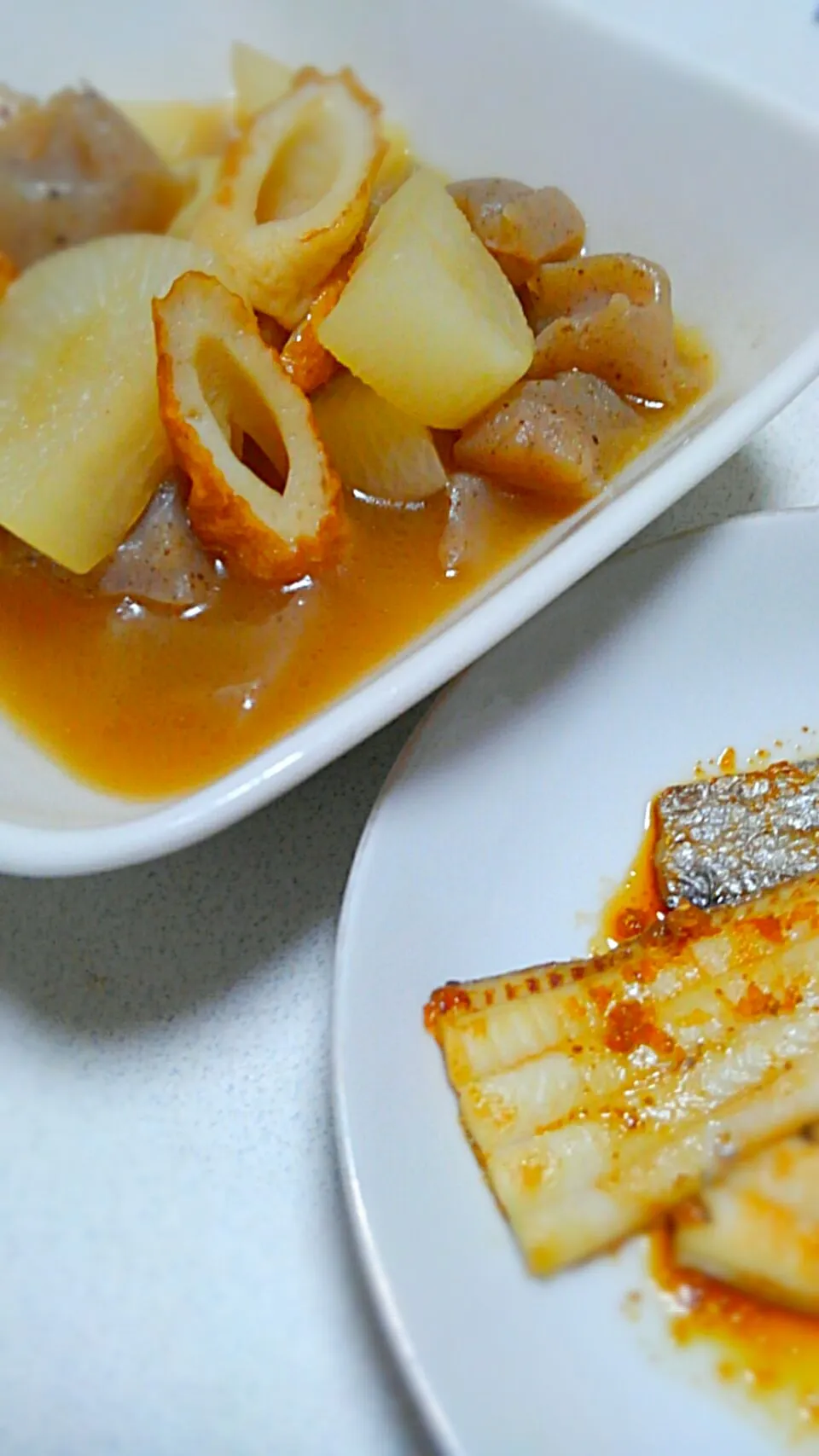 大根とこんにゃくと竹輪の煮物&山椒香る太刀魚の香味かけ|meguさん