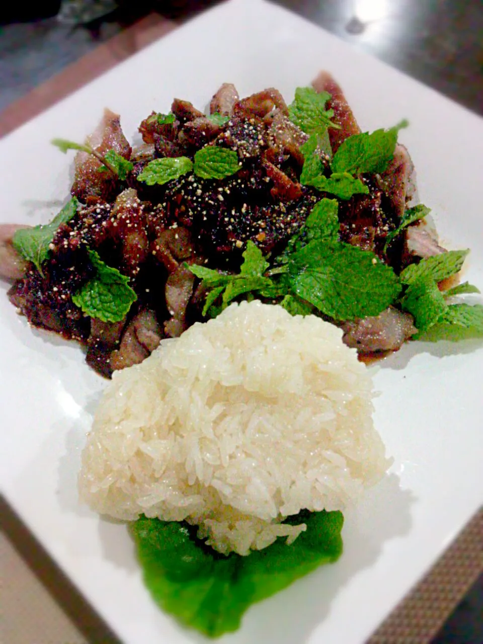 Spicy Lemony Minty Grilled Pork Salad (Nam Tok Moo) w| sticky rice Thai dish √|🌼 Pooja's Kitchenette 🌼さん