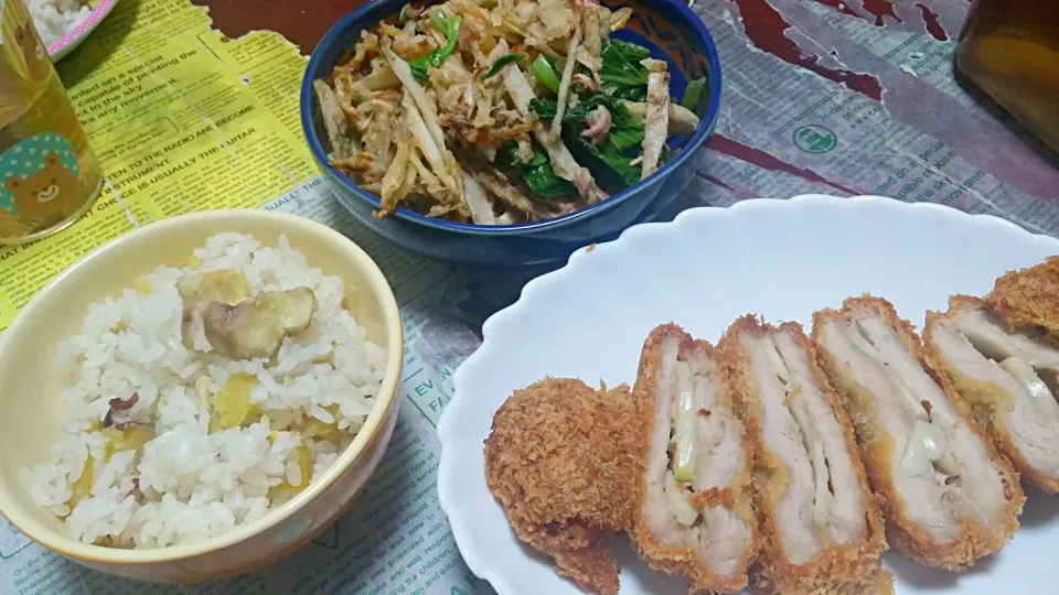 栗ご飯☆にんにくトンカツ☆チンゲンサイとカリカリごぼうのツナ和え|みぽりんさん