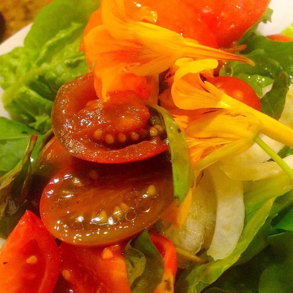 End of season salad, Egyptian black tomatoes, nasturtium, arugula|Peter Simonさん