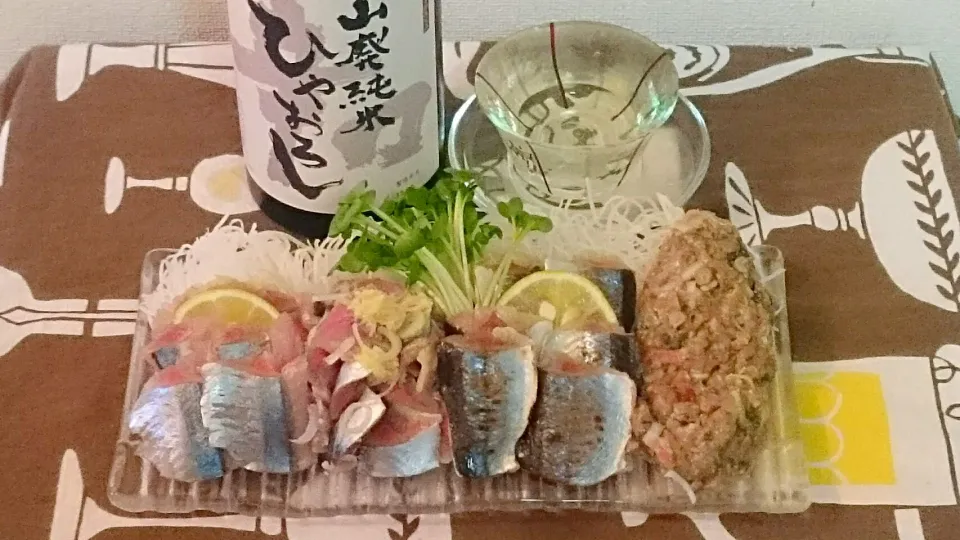 秋刀魚四種(プレーン・タタキ・炙り・ナメロウ)・飛良泉ひやおろし|藤井裕之さん