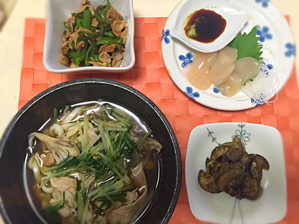 水菜のうどん、ピーマンのつくだ煮、なすのみぞれ和え、帆立|きっちんさん