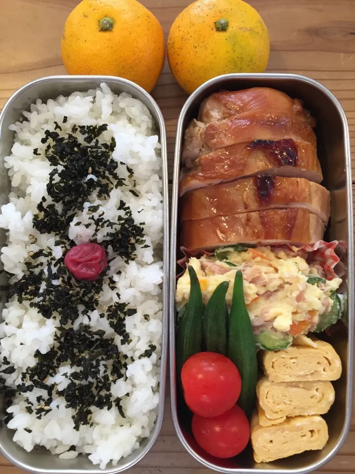 照り焼きチキン  玉子焼き  ポテサラ  オクラ  ミニトマト  みかん|かわまきまきさん