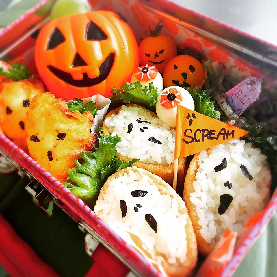 Snapdishの料理写真:女子大生弁当🍱💕かざまサンのScreamおいなりで🙌🏻ハロウィン弁当|Rico mamaさん