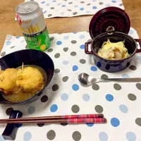 Snapdishの料理写真:油揚げの包み煮（鳥ひき肉、玉ねぎ、人参）
ホタテと舞茸のマヨチーズ焼き。|akeさん