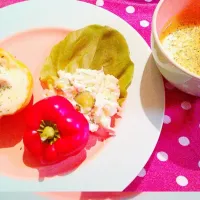 器ごと食べれちゃうパプリカinグラタン・ポテトサラダ・かぼちゃスープ|ちゃんりさん