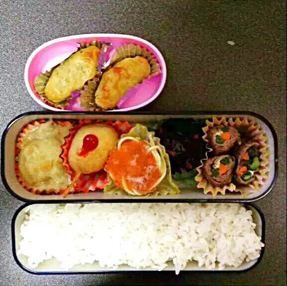 #お弁当 #スイートポテト #グラタン #ミニアメリカンドック #ミートスパゲッティ #ひじき #人参インゲンチーズ肉巻き|miさん