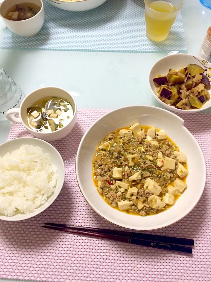 麻婆豆腐、生姜スープ、サツマイモの煮物|りかさん