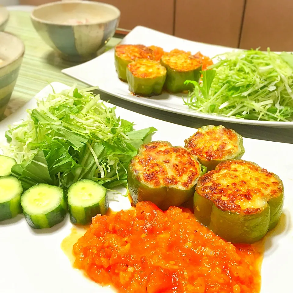 凍り豆腐と鶏ミンチでピーマンの肉詰めʕ•̫͡•ʕ•̫͡•ʔ•̫͡•ʔ昼間作ってたトマトソースの出番はここだっ！！|うさ爺さん