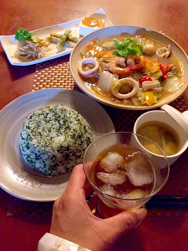 Snapdishの料理写真:Today's dinner🍴前菜･翡翠炒飯･八宝菜･ｵｸﾗと豆腐の中華ｽｰﾌﾟ|🌈Ami🍻さん