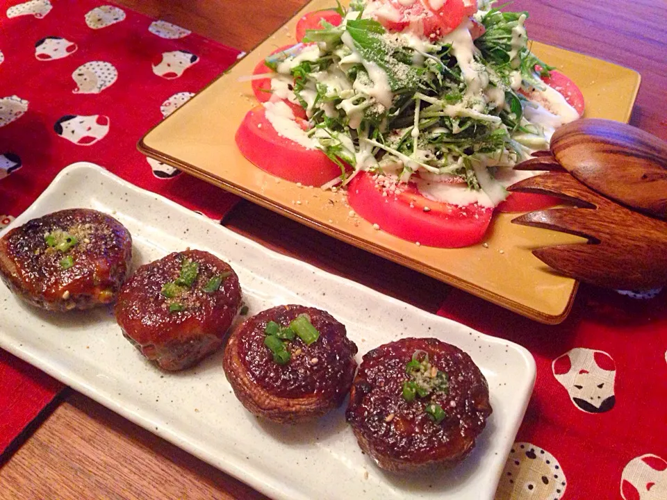 しいたけの味噌マヨ焼き トマトと水菜のサラダ|美穂さん