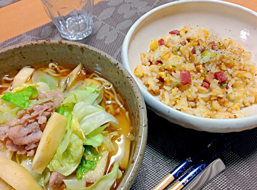 マコモダケ豚肉キャベツのせラーメン、ネギ焼豚チャーハン|ねむねこさん