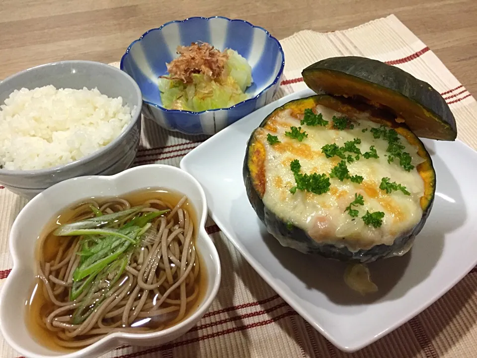 カボチャのまるごとグラタン・白菜のお浸し・ミニ蕎麦|まーままさん