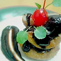 Snapdishの料理写真:red bean paste stuffed donuts in dark choco sauce #plated #foodporn