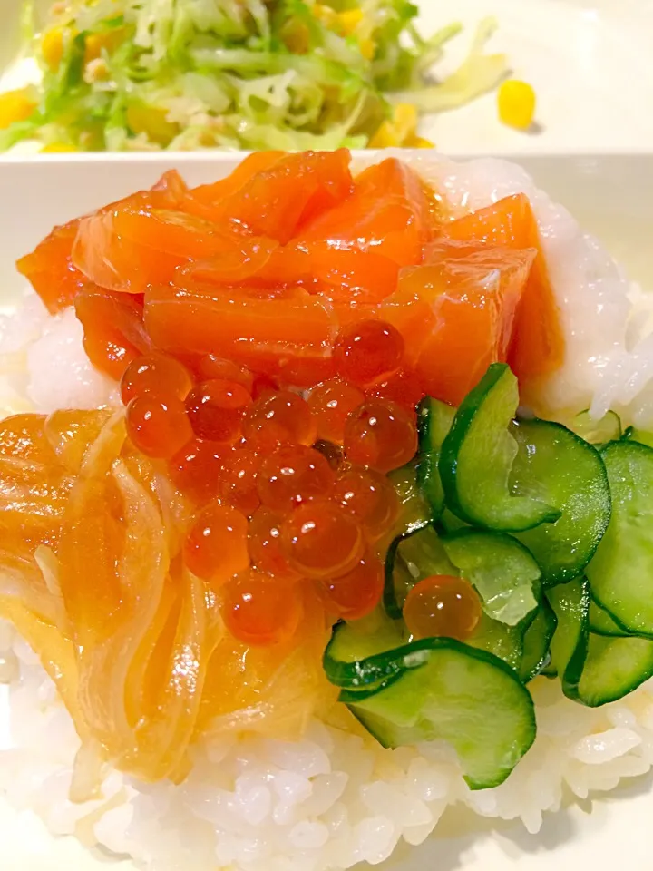 サーモン漬けといくらの海鮮親子丼✨ 「咲きちゃんさんの料理 イクラ漬けたよ〜*\(^o^)/*」のいくらを使いました♡|pigmegさん