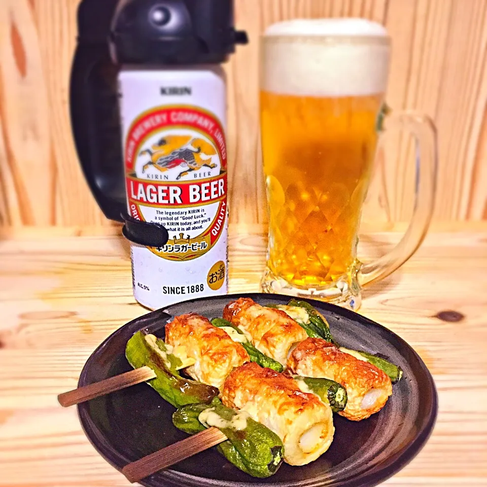 今宵の一酒一肴『ラガービール』と『マヨちくシシトウ串』|ち〜おんさん