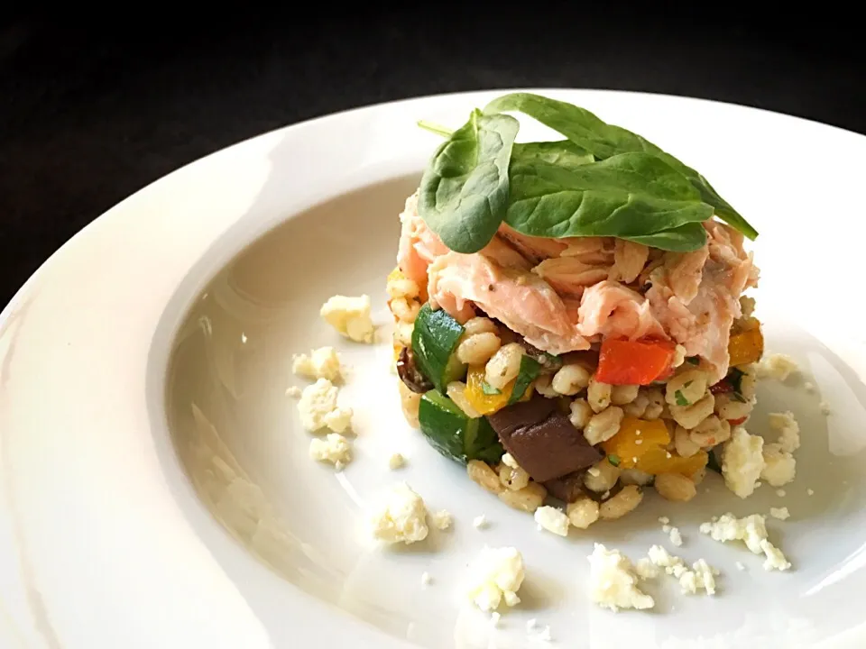 Mediterranean salad(barley, roasted peppers, cucumber, eggplant), grilled salmon flakes, feta cheese|coxiella24さん