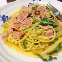 Snapdishの料理写真:水菜とベーコンのパスタ|まさちゅーさん