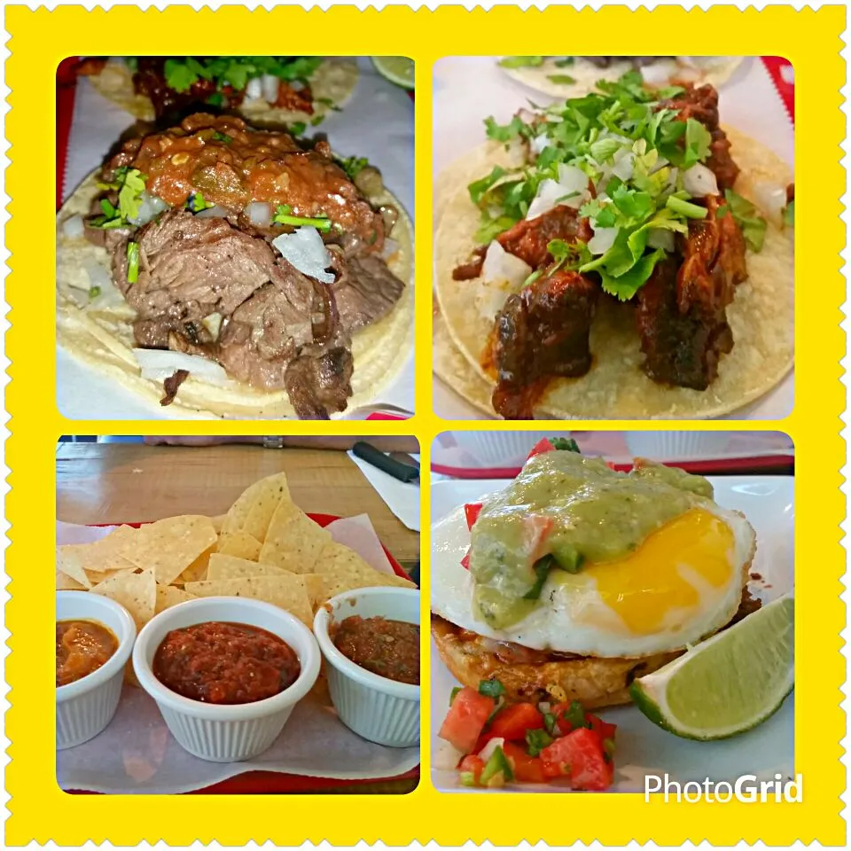 Lunch with friends from work.  Rib tips taco, steak taco and Chorizo & egg sopes at Spare no ribs restaurant in St. Louis, MO, USA.|Jihollandさん