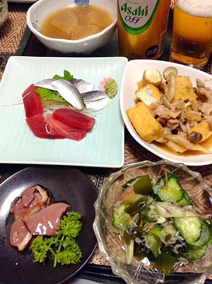 Snapdishの料理写真:合鴨＆コハダとマグロ＆厚揚げと豚肉の煮物＆キュウリの酢の物|まぐろさん