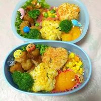 Snapdishの料理写真:Today's obento. Heart and star shaped onigiri as requested with karaage(fried chicken), mikan(tangerine), and boiled veggies.|Samantha Lacsonさん