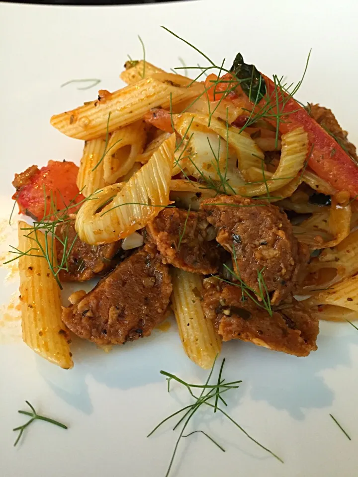 Snapdishの料理写真:Vegan Penne Pasta w/ Sausage & Fennel|Chef Dahmさん