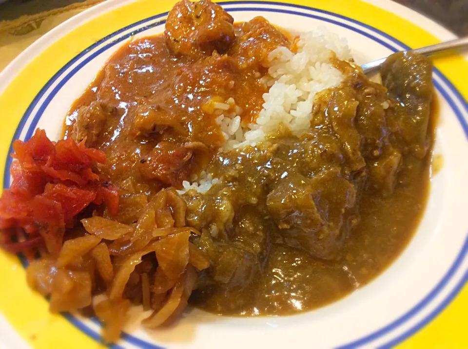 チキントマト🍅挽肉ナスのハーフ&ハーフカレー🍛😋|アライさんさん