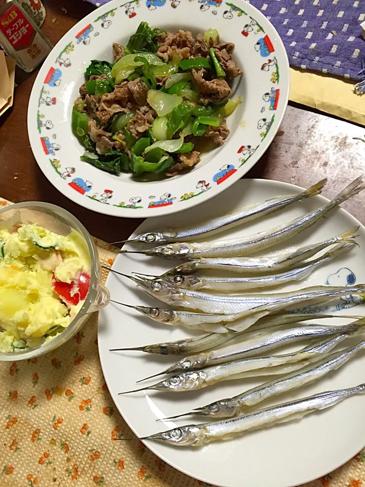 ポテトサラダ サヨリの干物 青梗菜とピーマンと牛肉の炒め物|掛谷節子さん